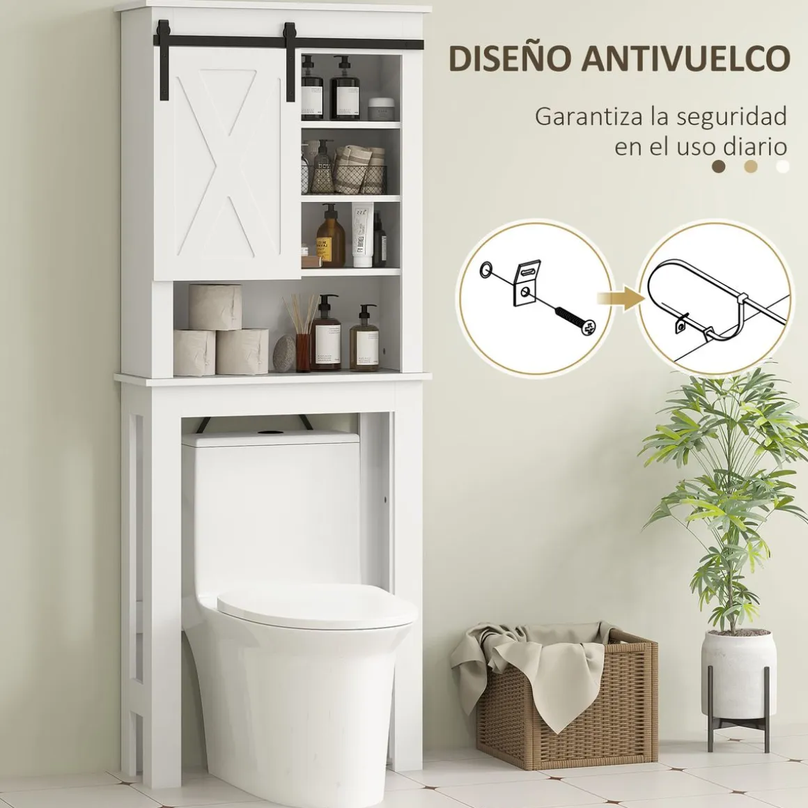 Estantería para inodoro Celeste Homcom puerta corredera + 6 compartimentos blanco 172x67x25 cm