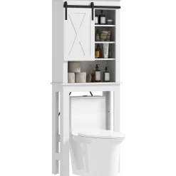 Estantería para inodoro Celeste Homcom puerta corredera + 6 compartimentos blanco 172x67x25 cm