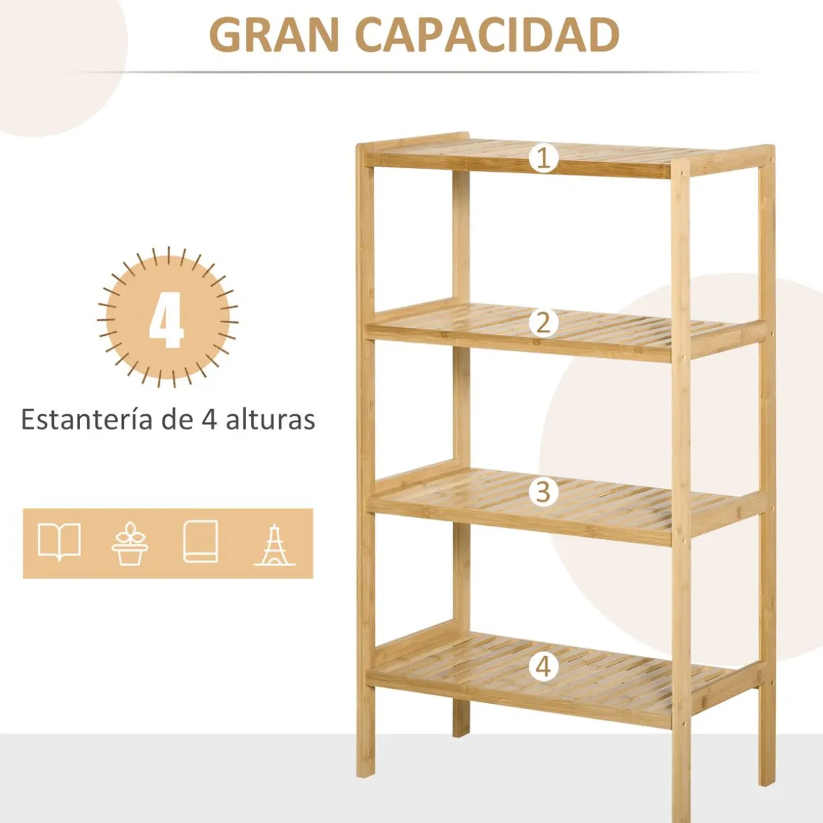 Estantería Rhima Homcom 4 niveles bambú natural 112x62x33 cm