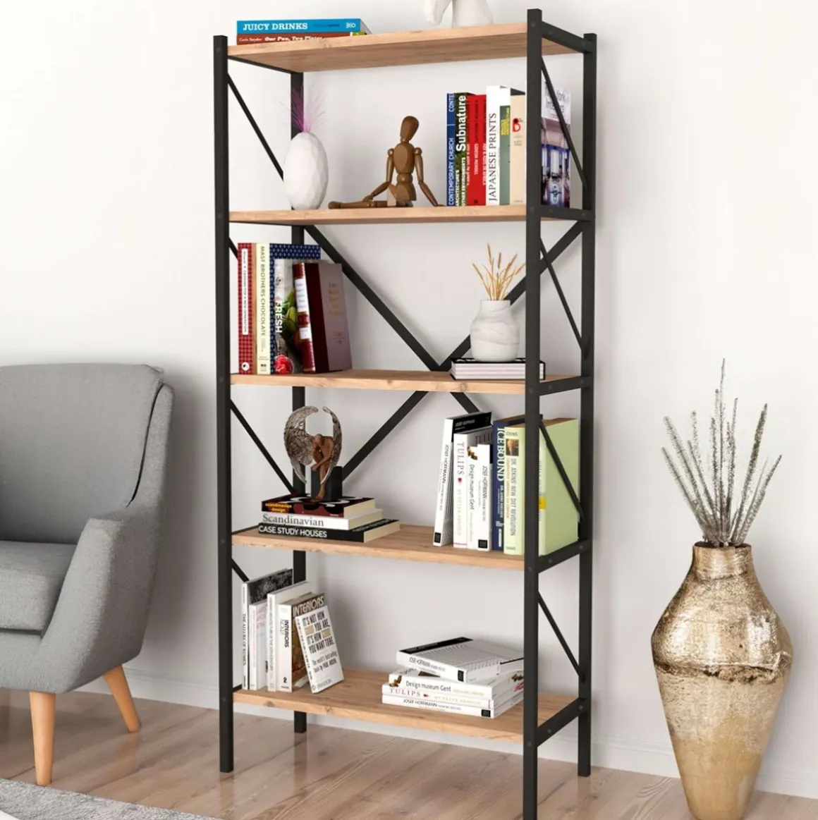 Estantería Safir 5 estantes natural/negro 160x66x34 cm