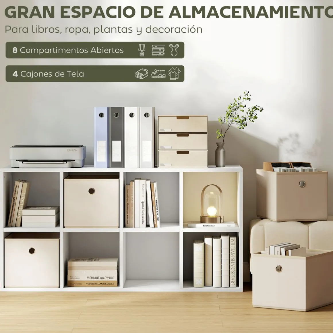 Estantería Shiro Homcom 8 compartimentos con 4 cajones blanco 53,7x105,9x30 cm