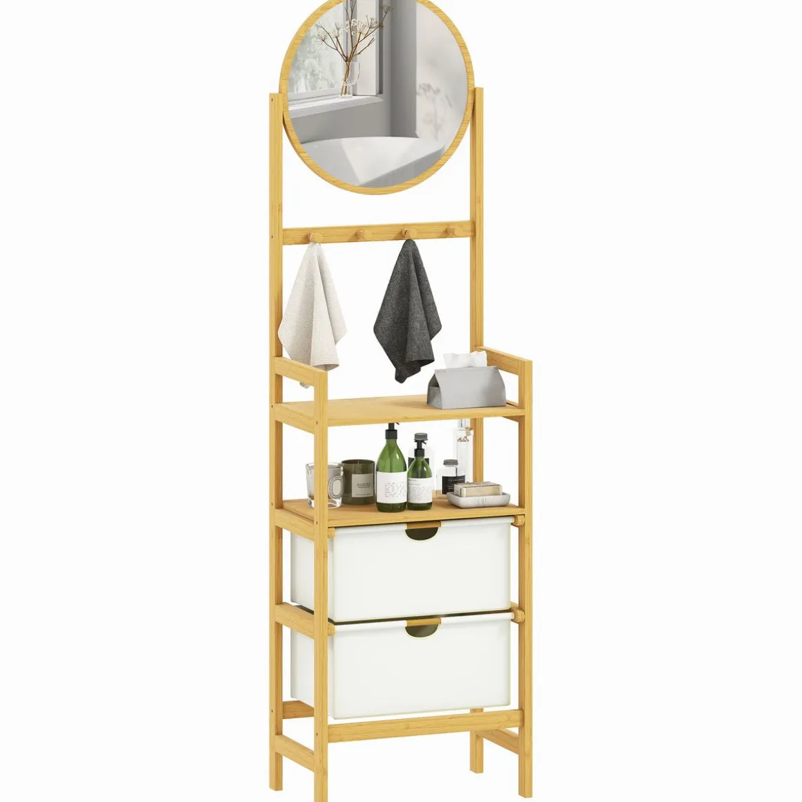 Estantería Tessy Homcom 2 cajones con 2 estantes y espejo natural 170x48,5x30 cm