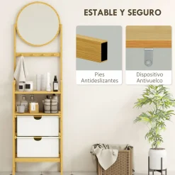 Estantería Tessy Homcom 2 cajones con 2 estantes y espejo natural 170x48,5x30 cm