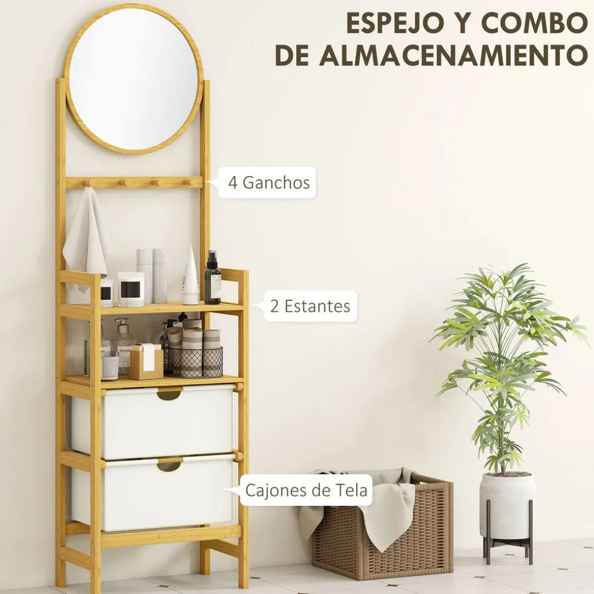 Estantería Tessy Homcom 2 cajones con 2 estantes y espejo natural 170x48,5x30 cm
