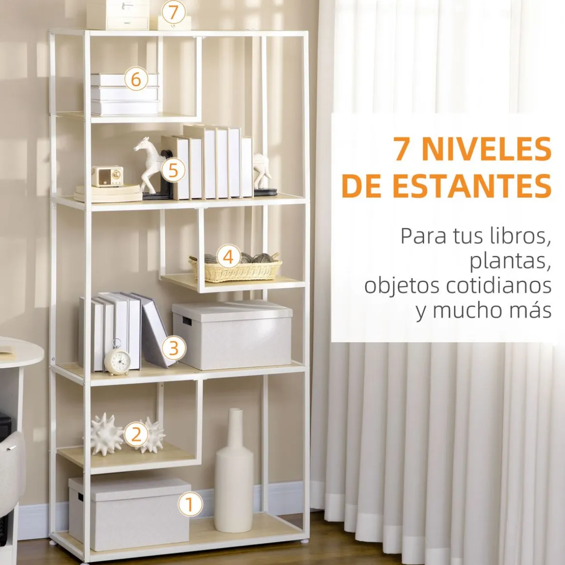 Estantería Trineo Homcom 7 estantes roble/blanco 180x83x34 cm