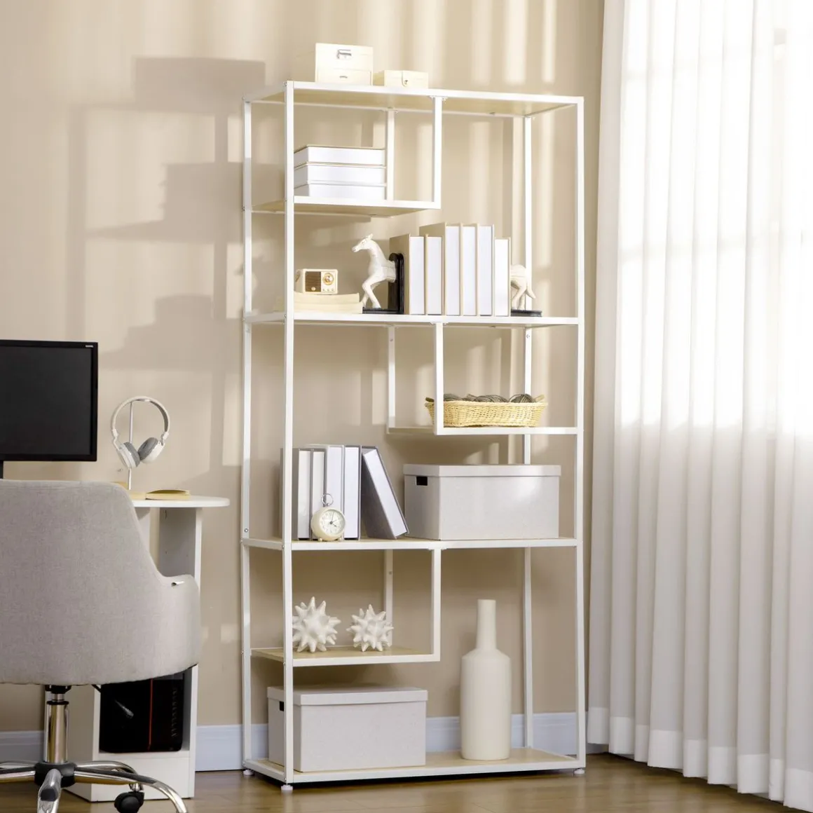 Estantería Trineo Homcom 7 estantes roble/blanco 180x83x34 cm