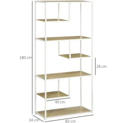 Estantería Trineo Homcom 7 estantes roble/blanco 180x83x34 cm