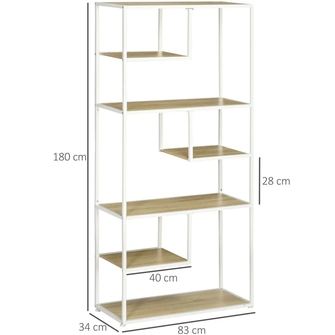 Estantería Trineo Homcom 7 estantes roble/blanco 180x83x34 cm