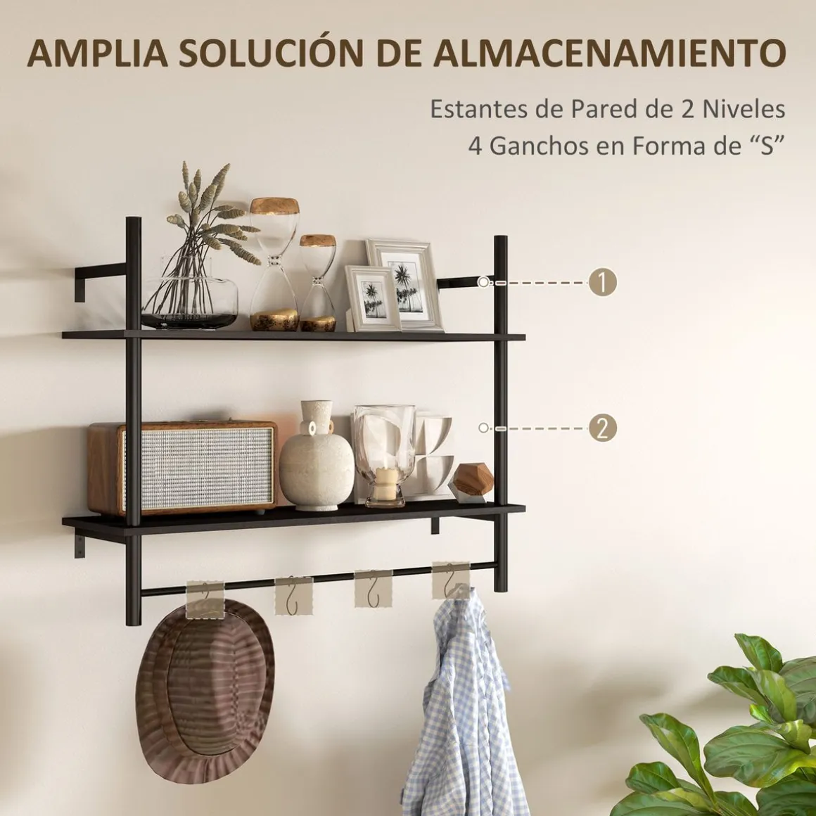 Estantería Vértice Homcom 2 niveles con 4 ganchos negro 65x80x24 cm