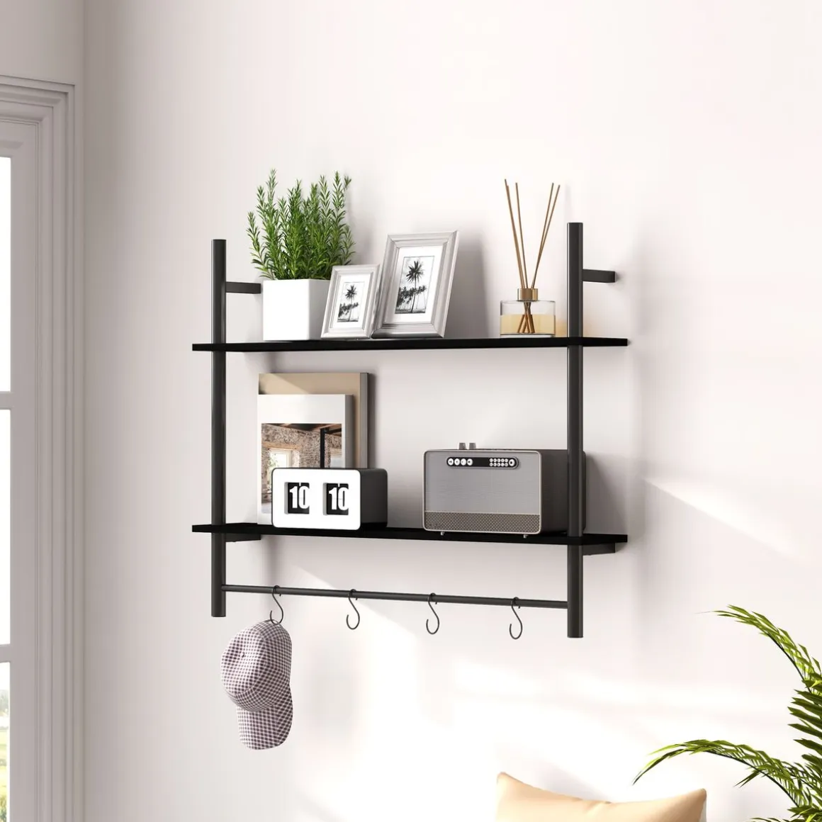 Estantería Vértice Homcom 2 niveles con 4 ganchos negro 65x80x24 cm