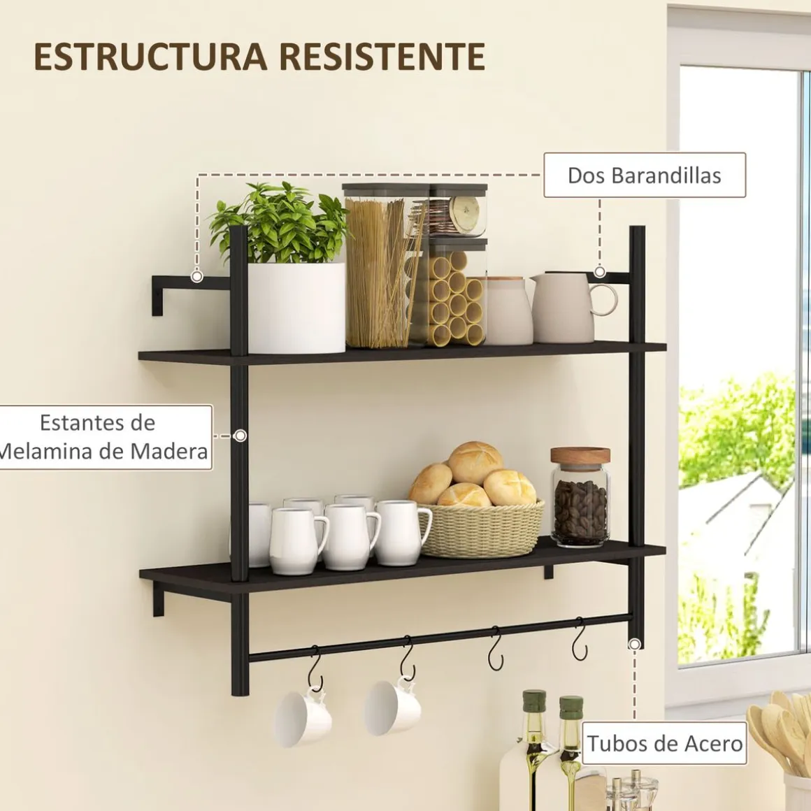 Estantería Vértice Homcom 2 niveles con 4 ganchos negro 65x80x24 cm