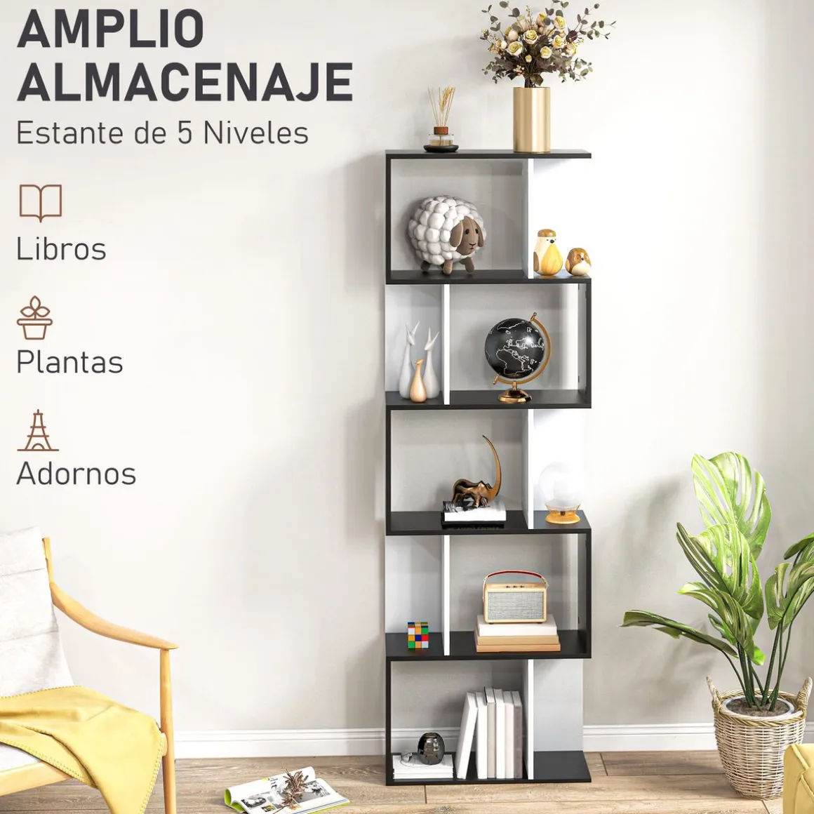 Estantería Zynera Homcom 5 niveles blanco/negro 184,5x60x24 cm
