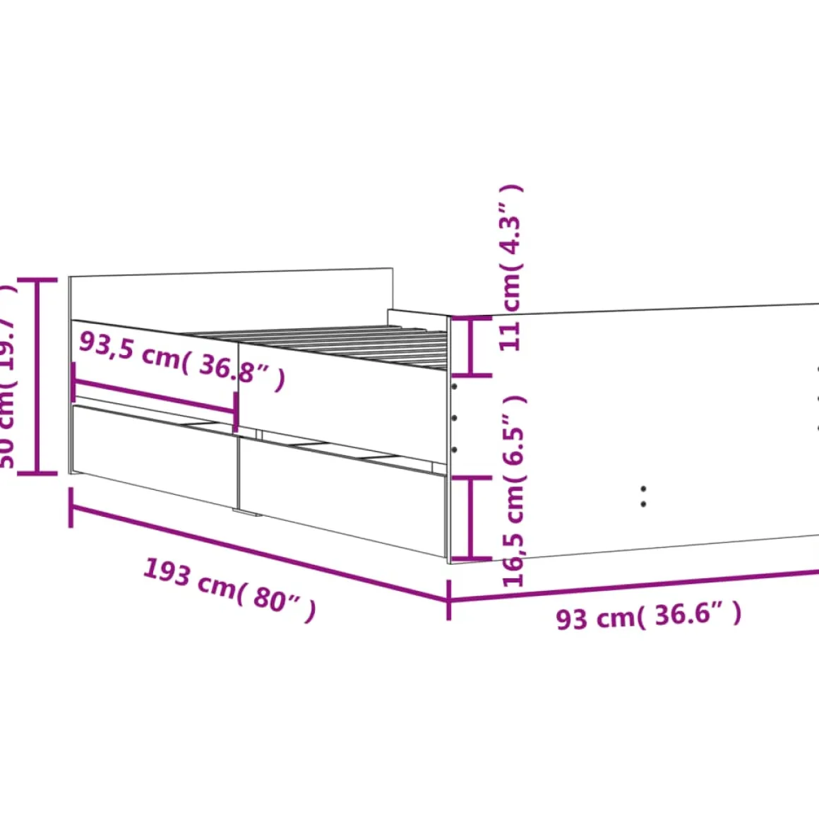 Estructura de cama Rehia 2 cajones + somier 50x93x193 cm