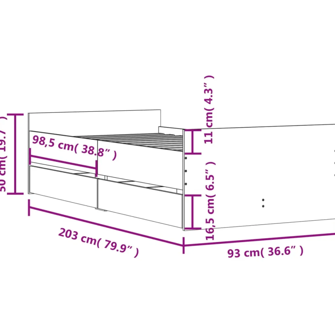Estructura de cama Vita con 2 cajones 50 cm