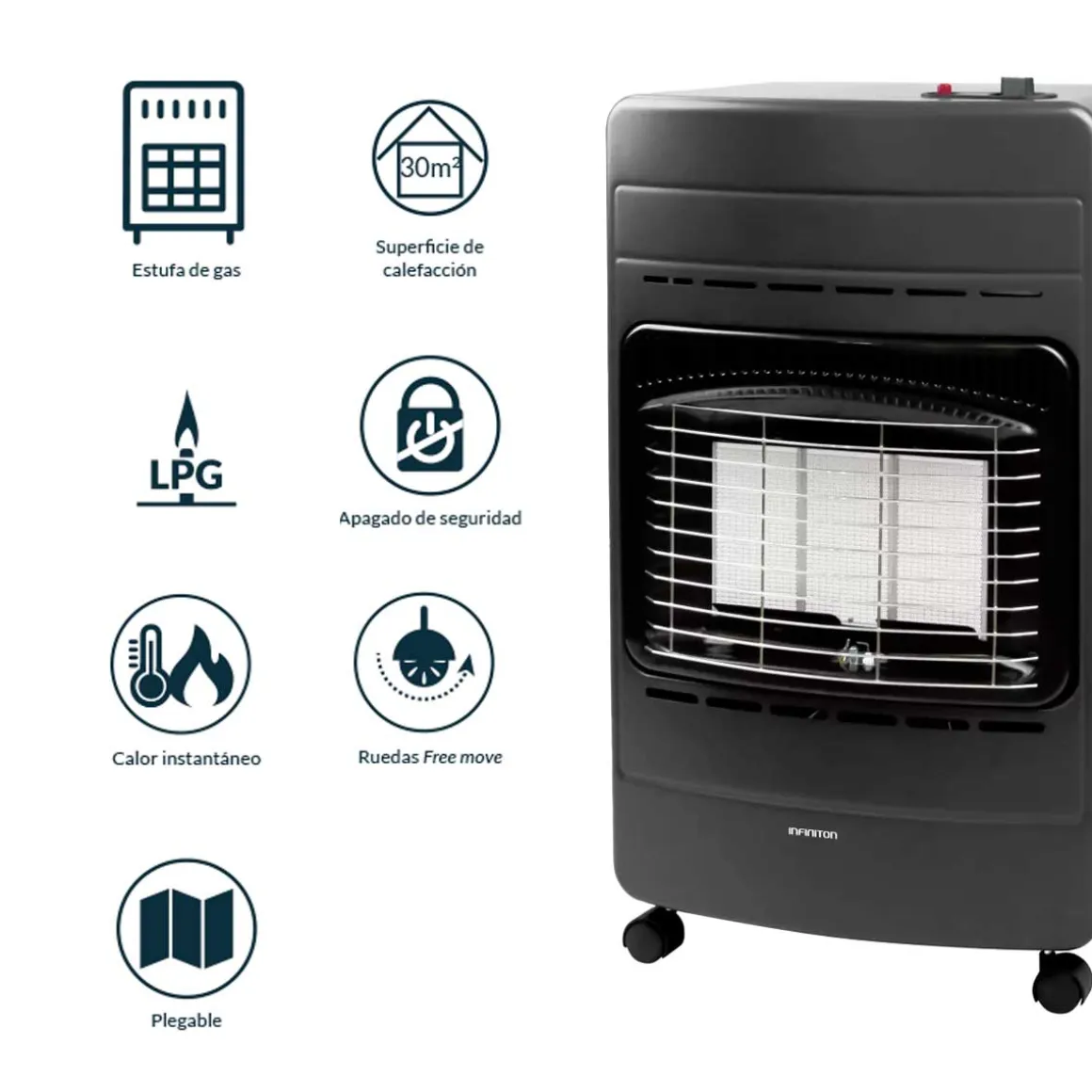 Estufa de gas Infiniton HG-FL3 4200W ignición electrónica y diseño plegable A negro