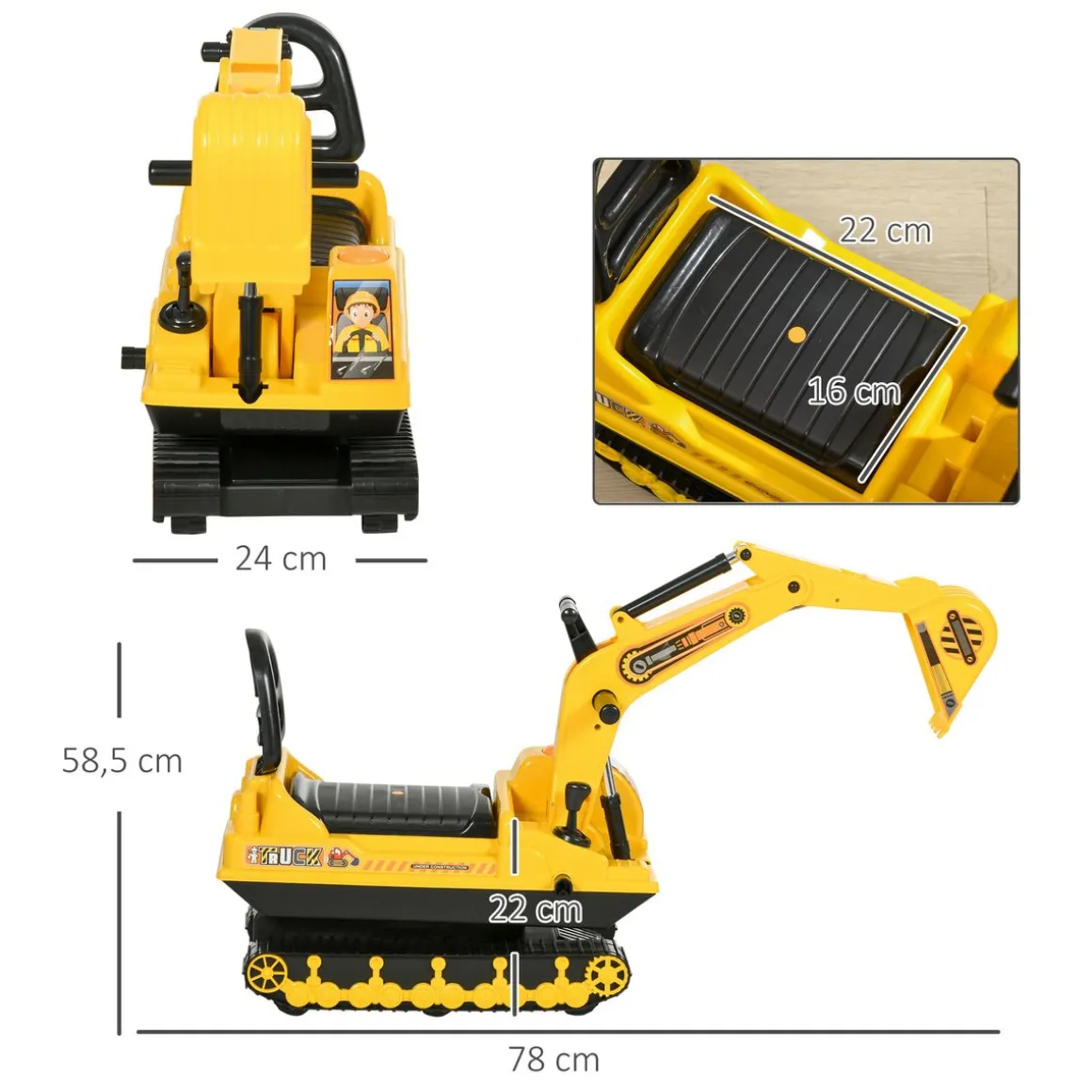 Excavadora infantil Homcom brazo móvil 18-48 meses amarillo 58,5x78x24 cm