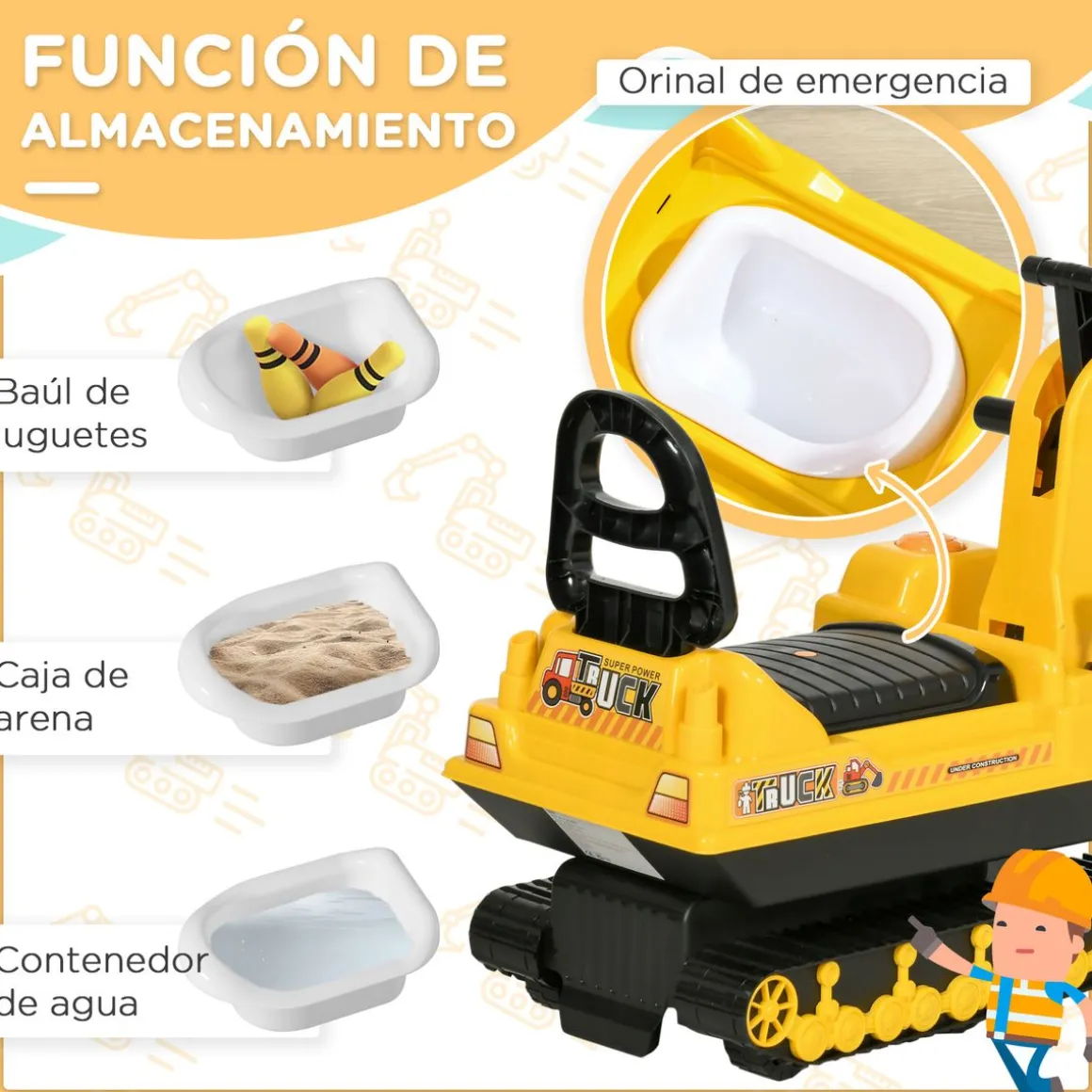Excavadora infantil Homcom brazo móvil 18-48 meses amarillo 58,5x78x24 cm