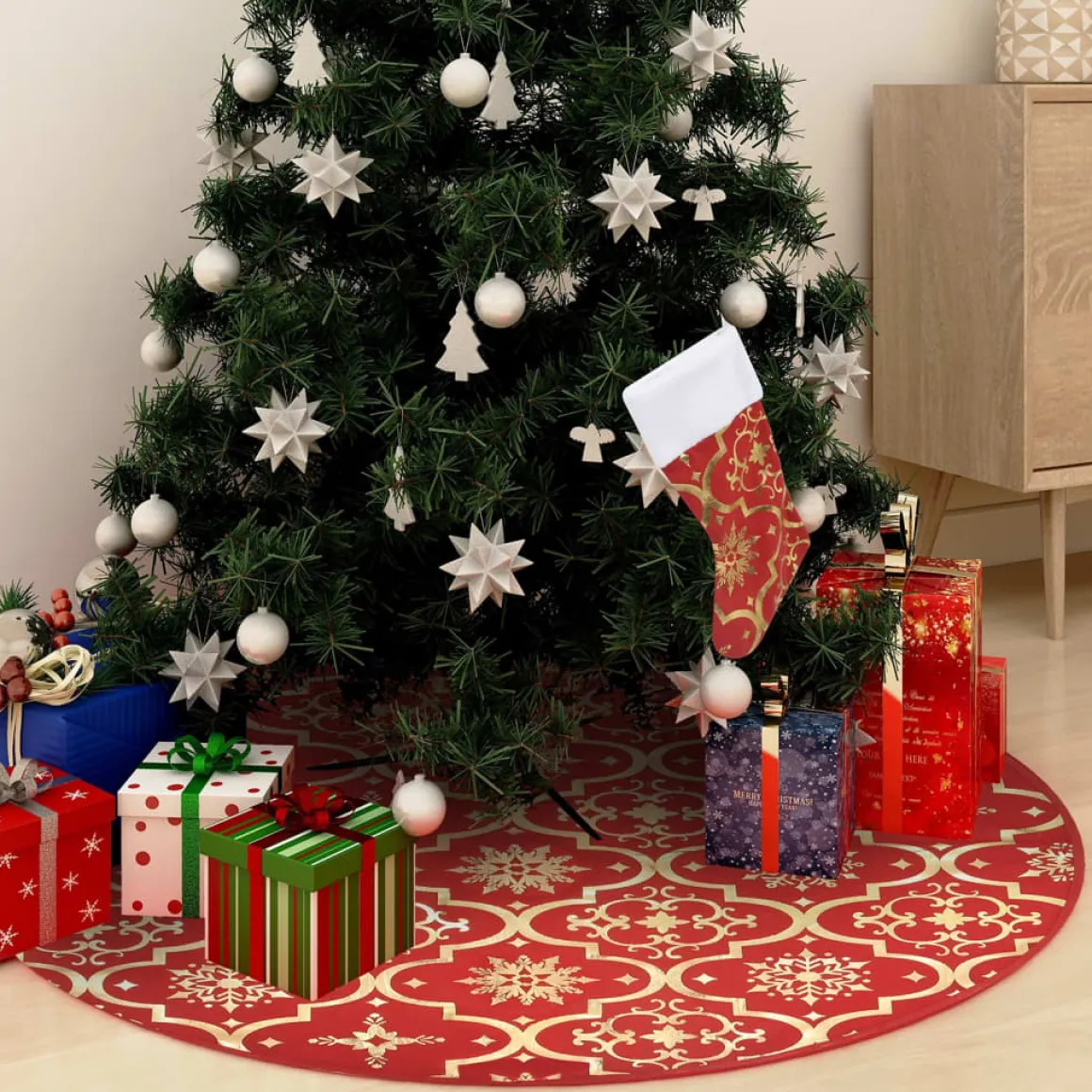 Falda para árbol de Navidad Golden con calcetín rojo Ø122 cm
