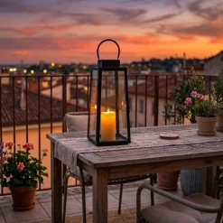 Farol solar con vela LED negro 45x18x18 cm