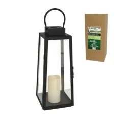 Farol solar con vela LED negro 45x18x18 cm