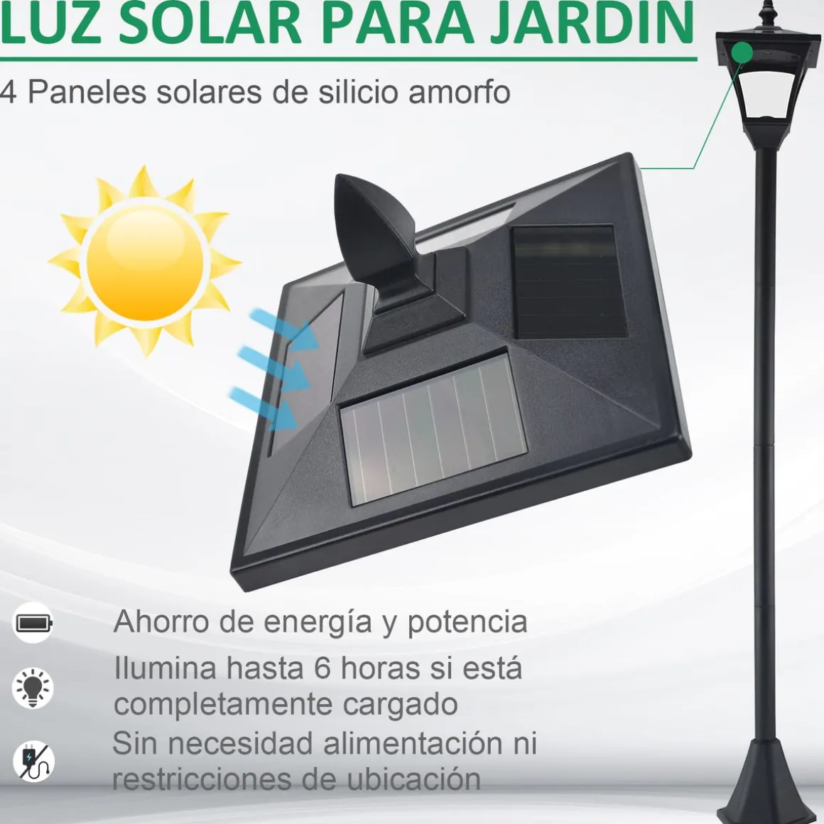 Farola solar Thom Outsunny 4 paneles 6000K negro 160x18x18 cm