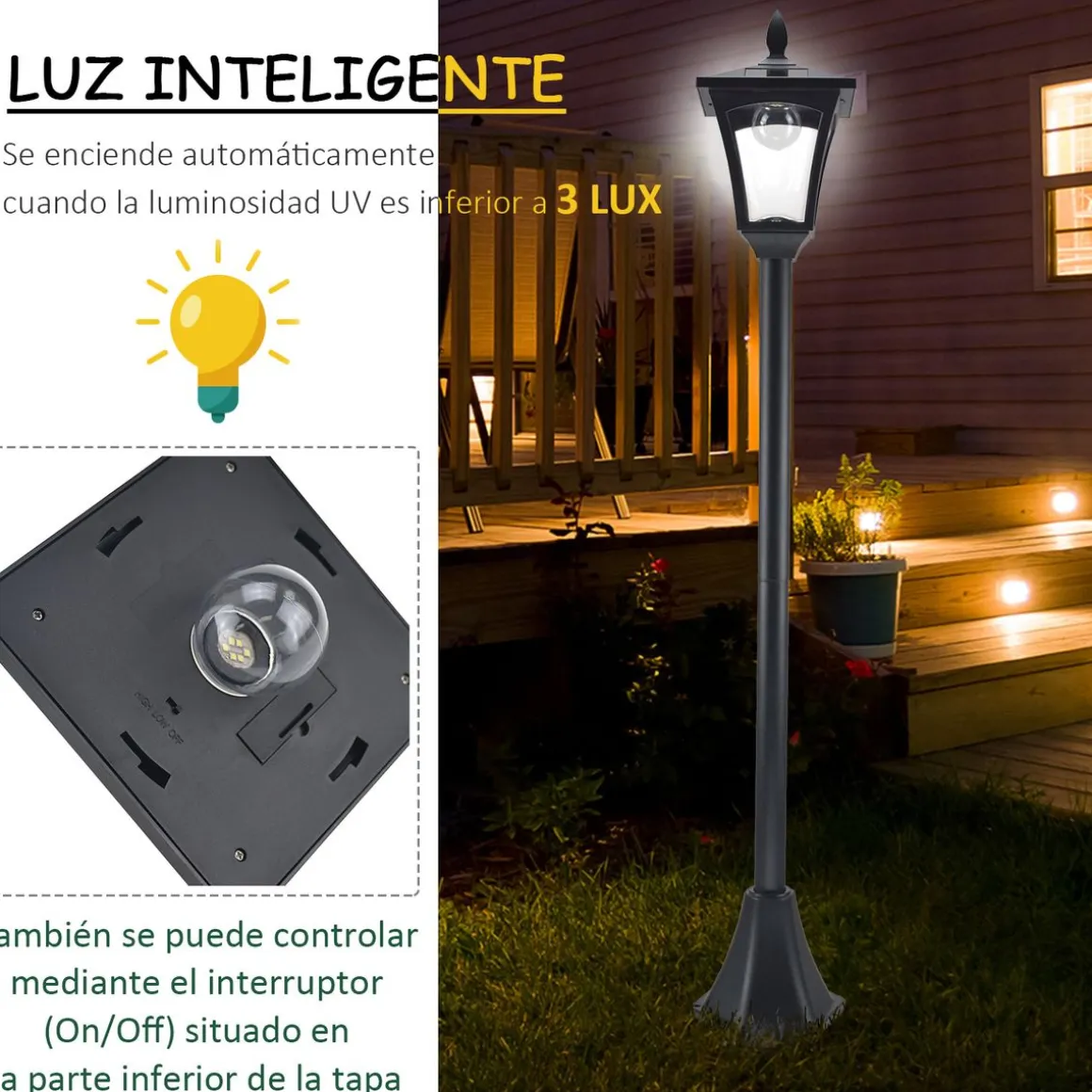 Farola solar Thom Outsunny 4 paneles 6000K negro 160x18x18 cm