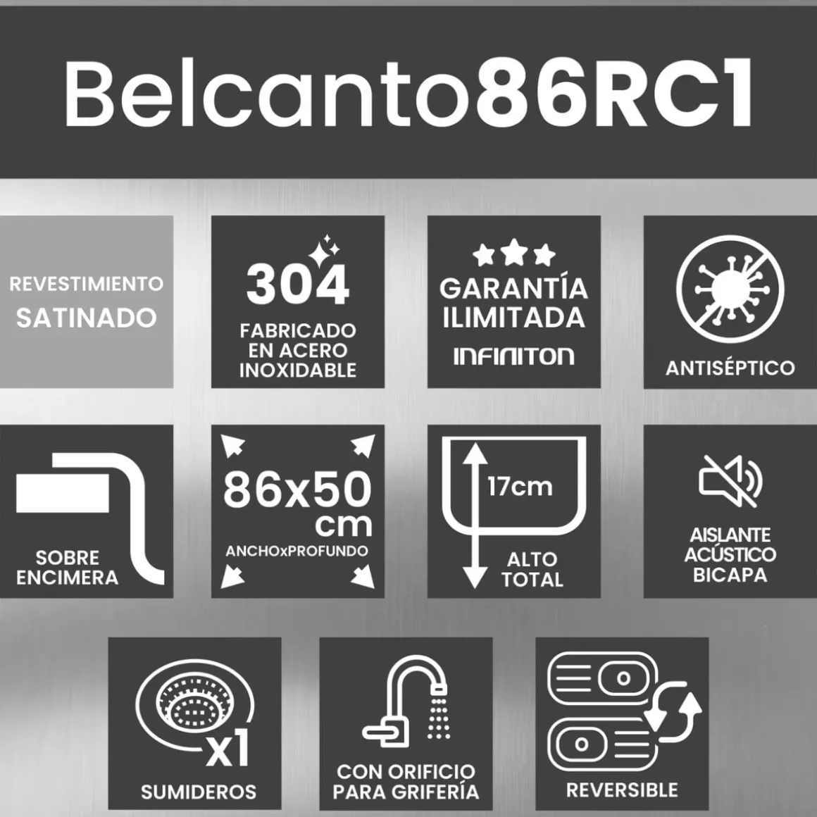 Fregadero Infiniton Belcanto86RC1 1 cubeta con escurridor diseño reversible acero inoxidable satinado 90 cm