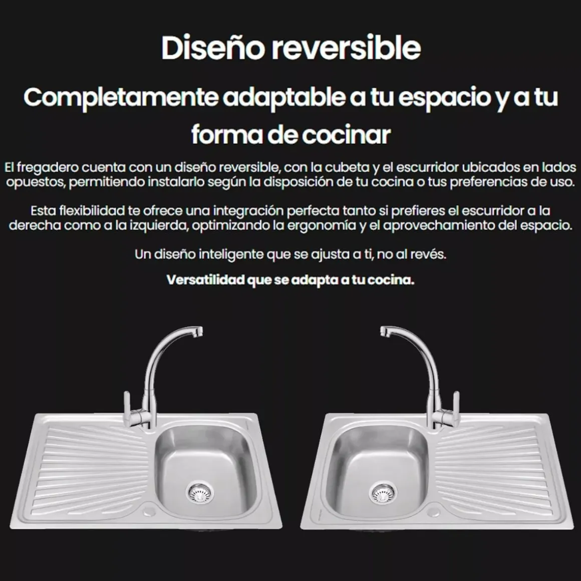 Fregadero Infiniton Belcanto86RC1 1 cubeta con escurridor diseño reversible acero inoxidable satinado 90 cm