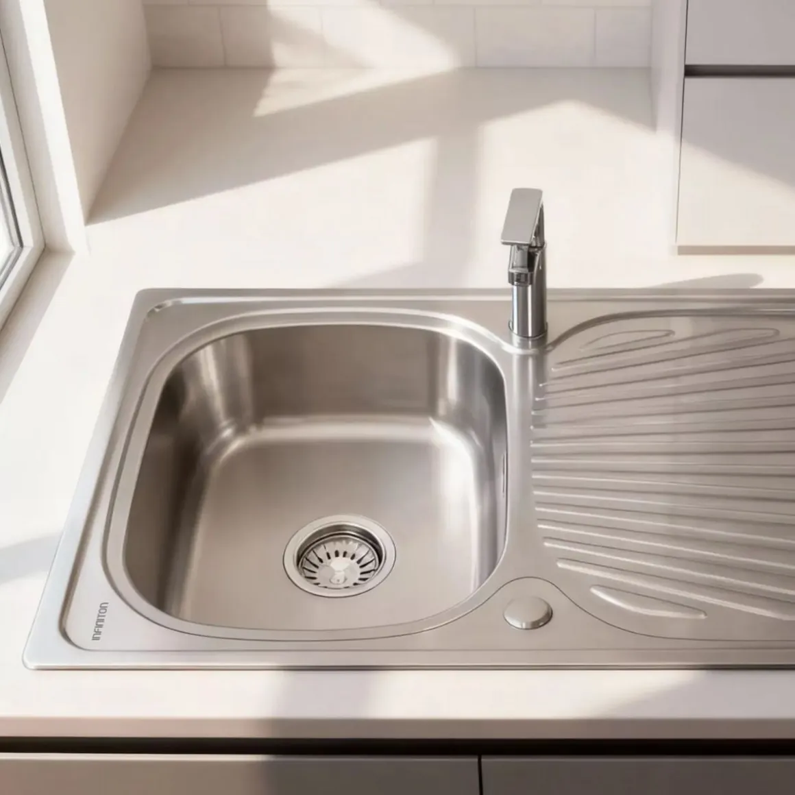 Fregadero Infiniton Belcanto86RC1 1 cubeta con escurridor diseño reversible acero inoxidable satinado 90 cm