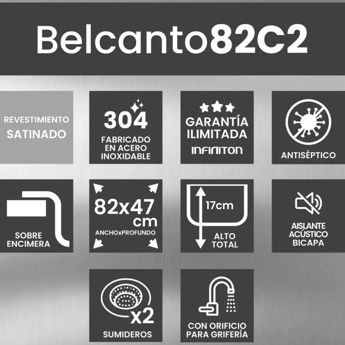 Fregadero Infiniton Belcanto82C2 2 cubetas con desagüe y cestillo acero inoxidable satinado 90 cm