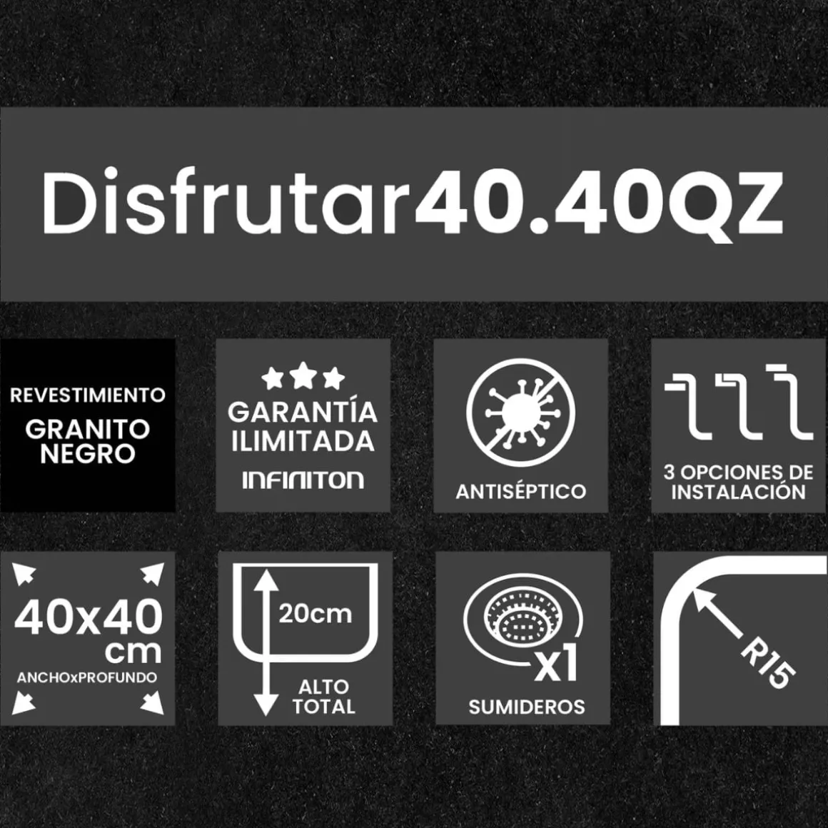 Fregadero Infiniton Disfrutar40.40QZ 1 cubeta 3 tipos de instalación granito negro 20x40x40 cm