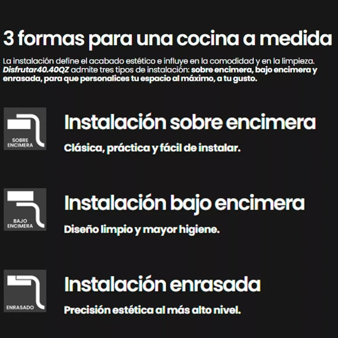 Fregadero Infiniton Disfrutar40.40QZ 1 cubeta 3 tipos de instalación granito negro 20x40x40 cm