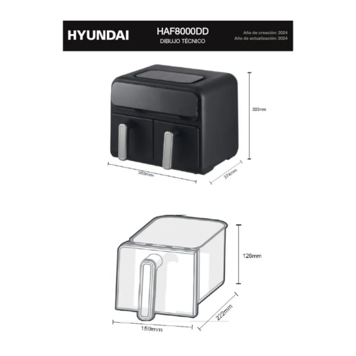 Freidora de aire Hyundai HAF8000DD 2400W 8L 2 cestas 8 programas negro