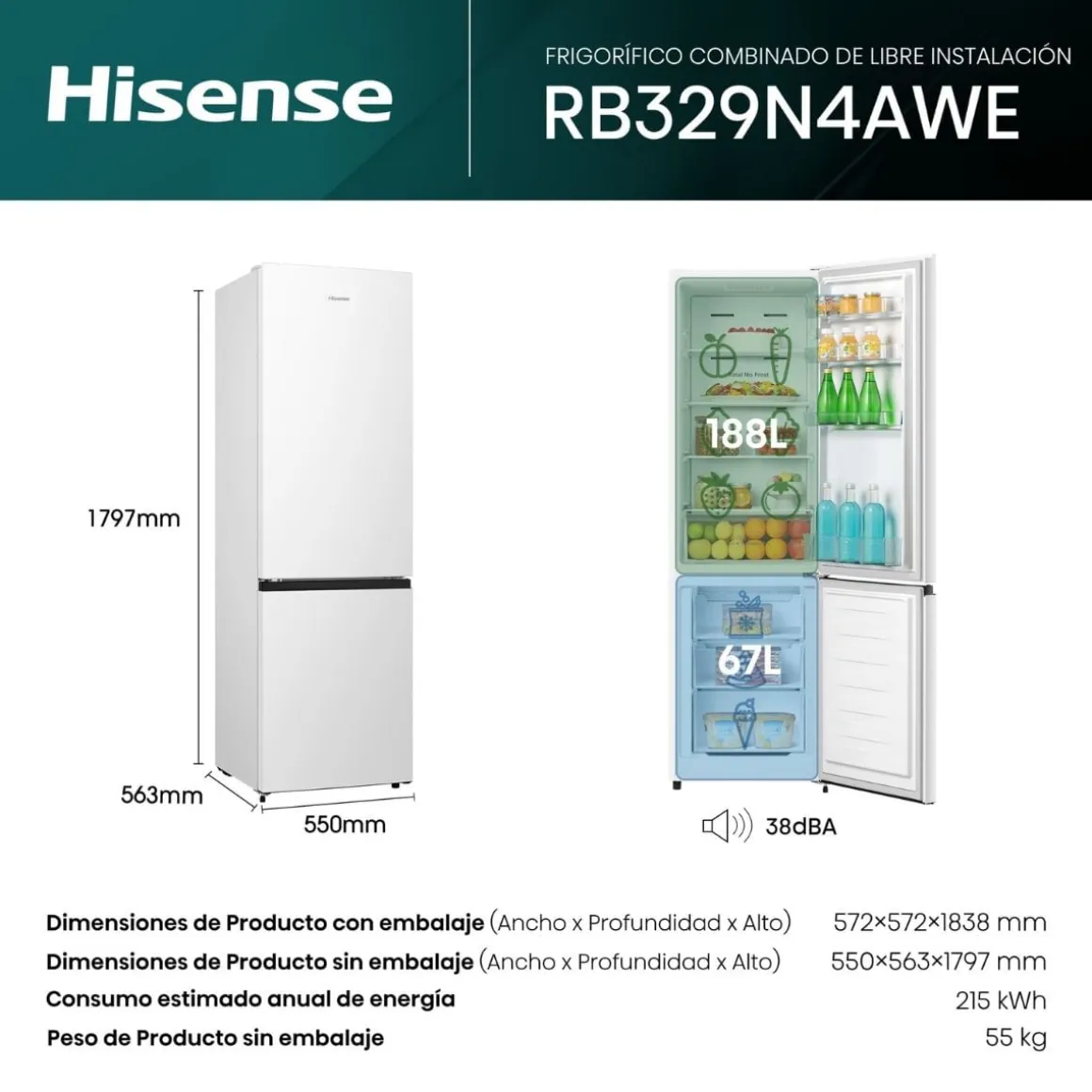 Frigorífico combi Hisense RB329N4AWE 255L Total No Frost E blanco 180 cm