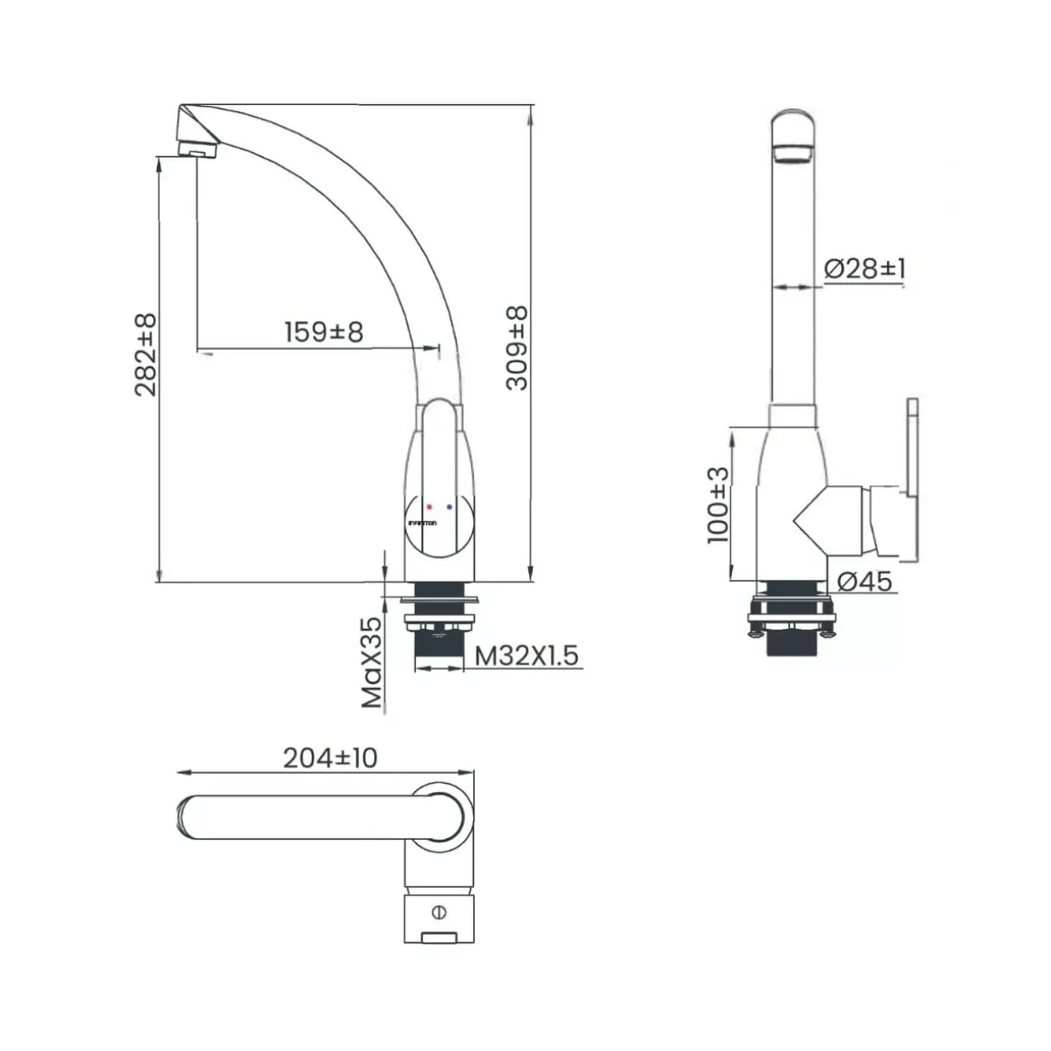 Grifo Infiniton ACH248 caño alto giratorio acero inox cromado 30,9 cm