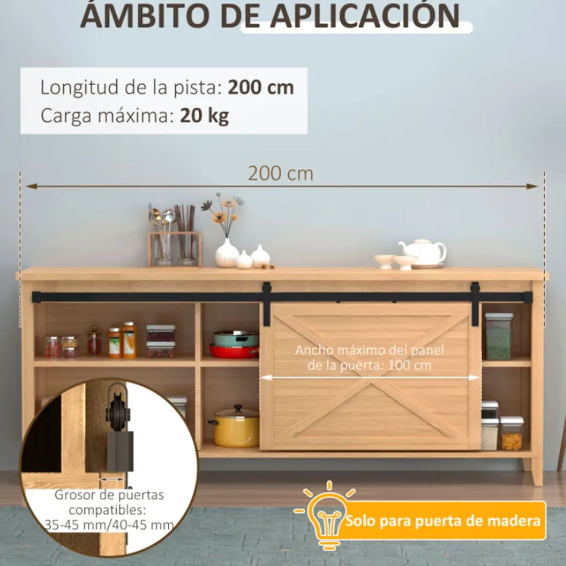Herraje para puerta corredera Homcom 2 rieles negro 200 cm