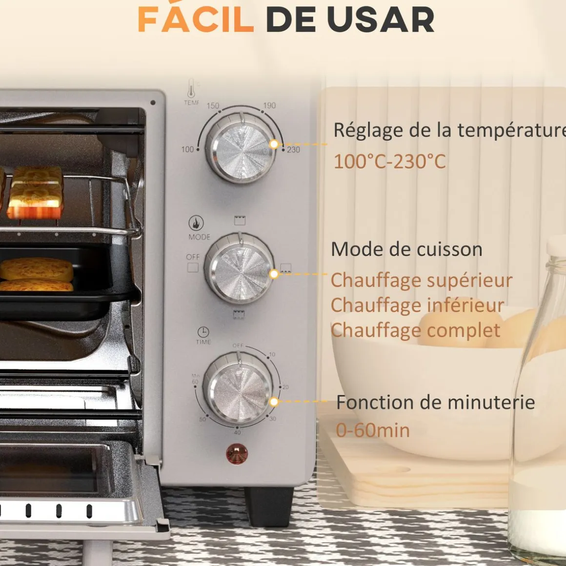 Horno de sobremesa Alec Homcom 1400W 21L 3 modos + temporizador 46 cm