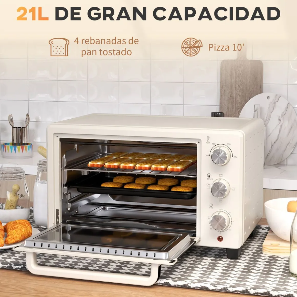 Horno de sobremesa Alec Homcom 1400W 21L 3 modos + temporizador 46 cm