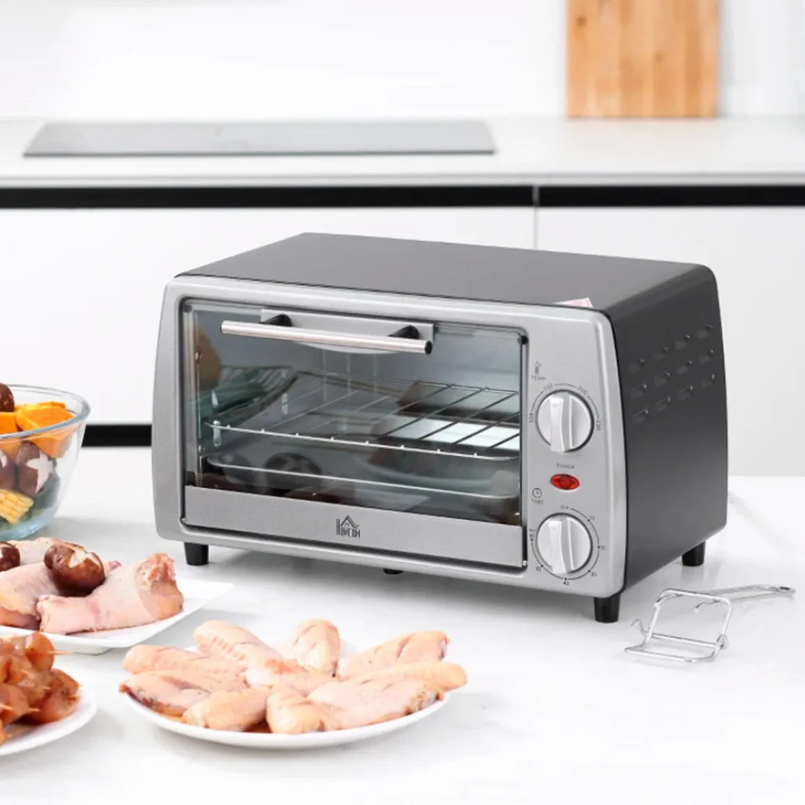 Horno de sobremesa Homcom 750W 10L con temperatura regulable y temporizador inox 22x36,5x26 cm