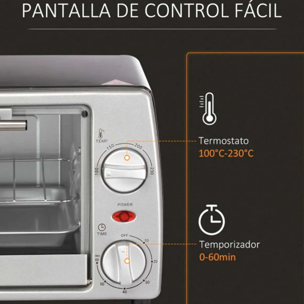 Horno de sobremesa Homcom 750W 10L con temperatura regulable y temporizador inox 22x36,5x26 cm