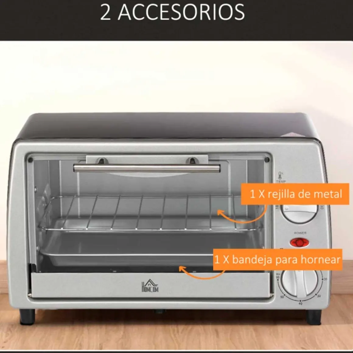 Horno de sobremesa Homcom 750W 10L con temperatura regulable y temporizador inox 22x36,5x26 cm