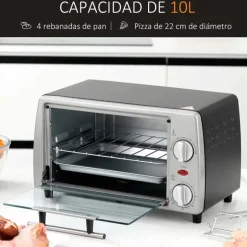 Horno de sobremesa Homcom 750W 10L con temperatura regulable y temporizador inox 22x36,5x26 cm