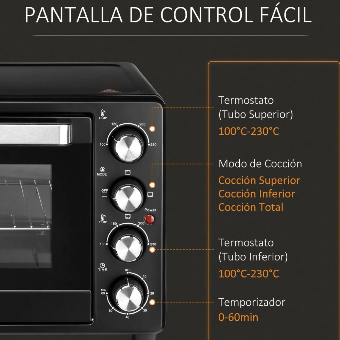 Horno de sobremesa Power Flame Homcom 32L 1600W negro 33,5x52,2x38,1 cm
