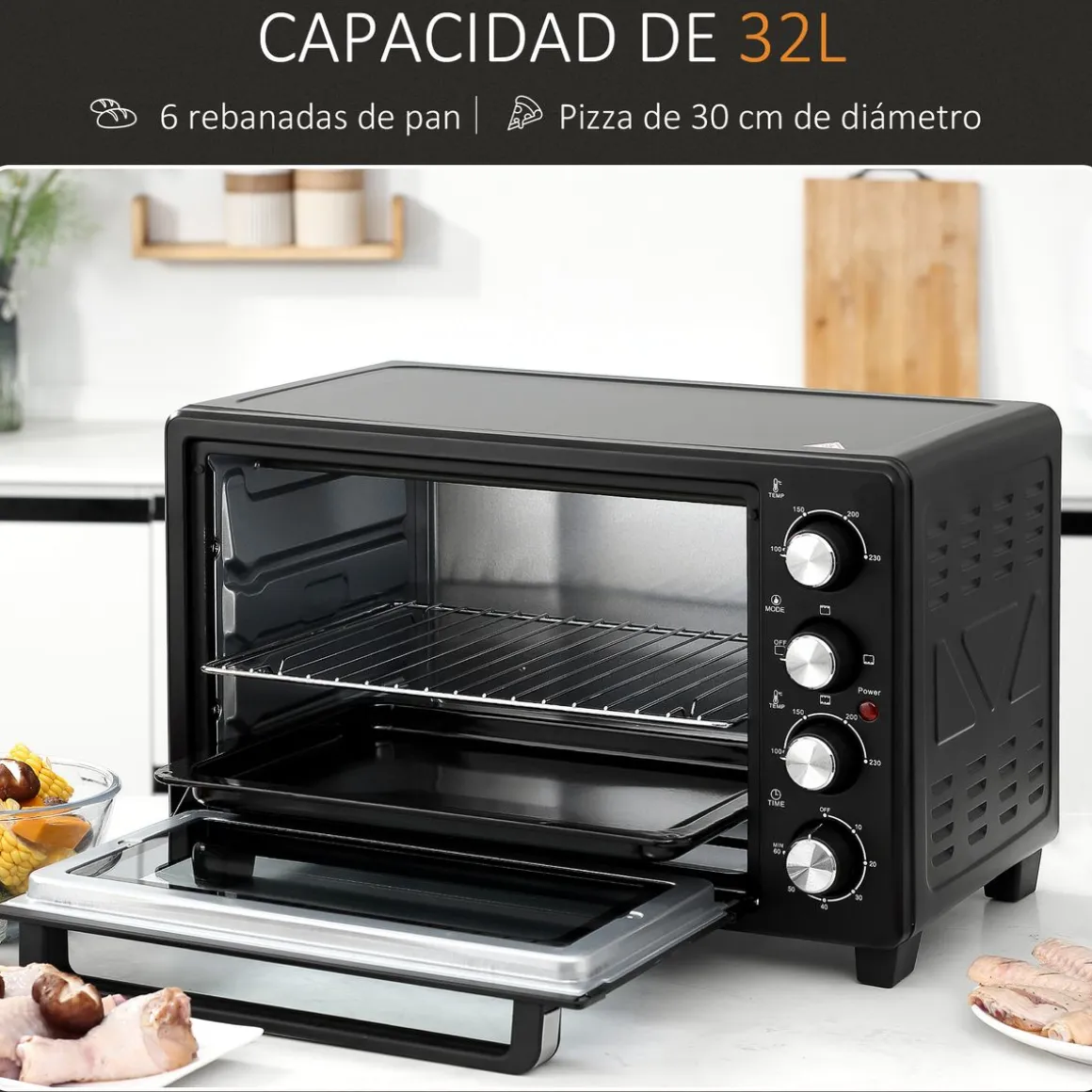 Horno de sobremesa Power Flame Homcom 32L 1600W negro 33,5x52,2x38,1 cm