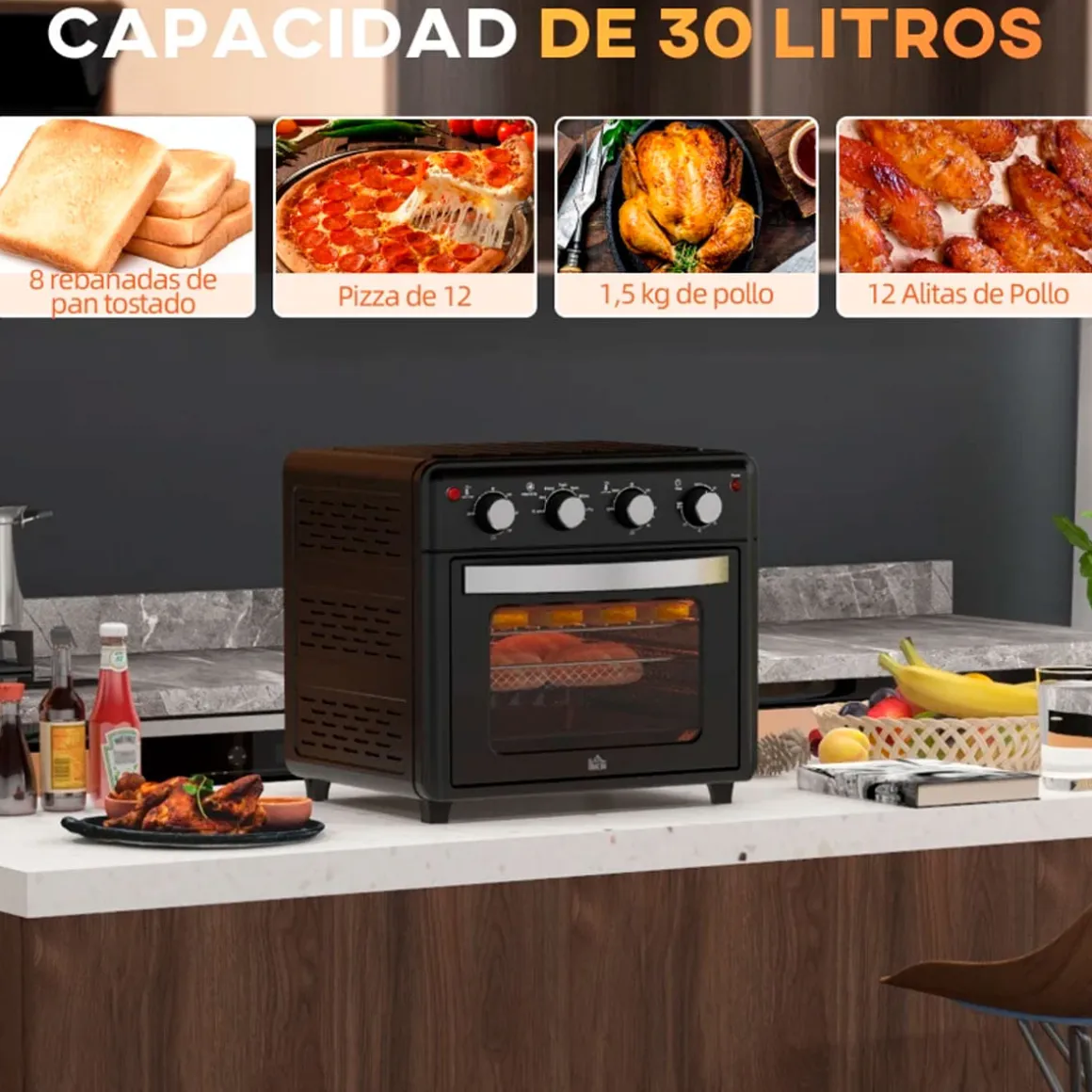 Horno de sobremesa Salsa Homcom 1600W 30L 7 funciones negro