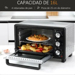 Horno eléctrico de sobremesa Homcom Casiopea 1400W portátil 16L plata 28,1x32x44 cm