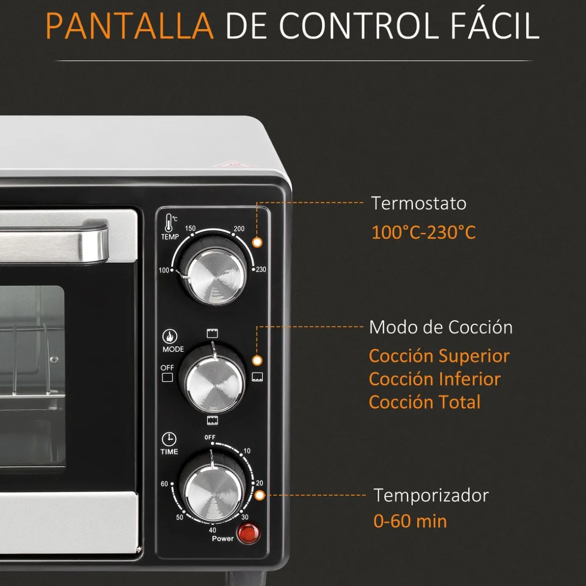 Horno eléctrico de sobremesa Homcom Casiopea 1400W portátil 16L plata 28,1x32x44 cm
