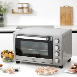 Horno eléctrico de sobremesa Andrómeda Homcom 1600W 3 modos de cocción 32L plata 33,5x38,1x52 cm