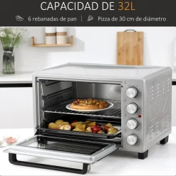 Horno eléctrico de sobremesa Andrómeda Homcom 1600W 3 modos de cocción 32L plata 33,5x38,1x52 cm
