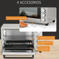 Horno eléctrico de sobremesa Andrómeda Homcom 1600W 3 modos de cocción 32L plata 33,5x38,1x52 cm